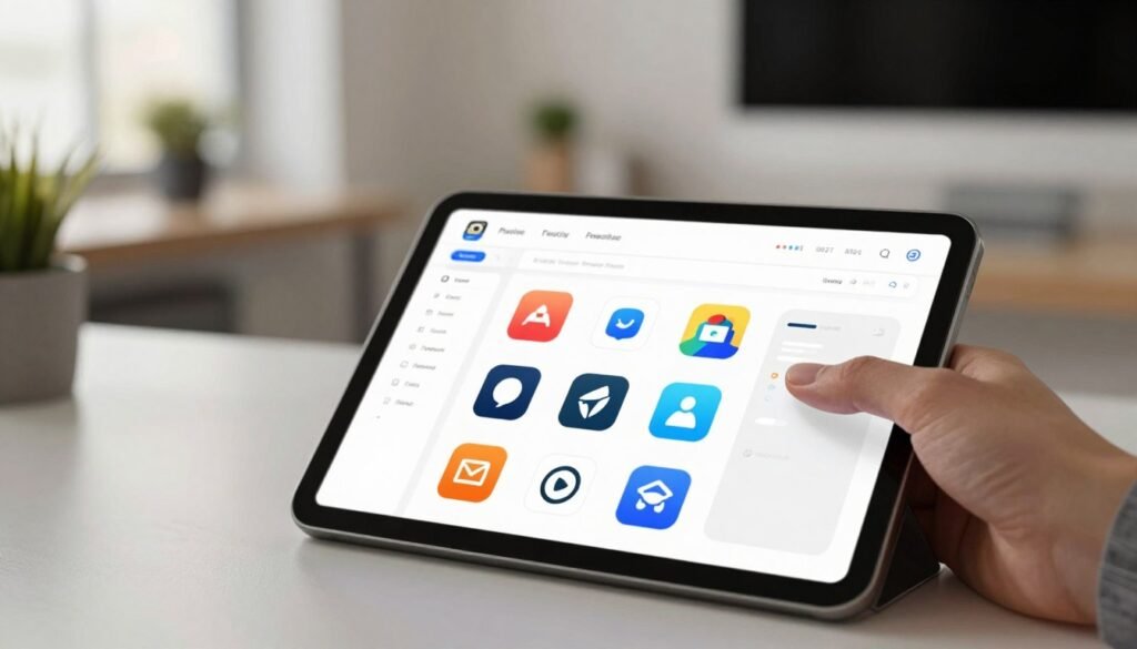 A sleek, modern app store interface showcasing various productivity applications. In the foreground, display a variety of colorful app icons representing productivity tools, each with a unique design style, neatly organized on a digital tablet. In the middle ground, depict a hand interacting with the tablet, tapping on an app icon, while subtle reflections hint at an advanced user experience. The background should feature a softly blurred office environment with a contemporary desk and minimalistic decor, bathed in natural lighting that creates a warm, inviting atmosphere. Use a focus effect to highlight the tablet, emphasizing its significance as an all-in-one solution for productivity. The overall mood should be inspiring and contemporary, reflecting innovation in technology. A sleek, modern app store interface showcasing various productivity applications. In the foreground, display a variety of colorful app icons representing productivity tools, each with a unique design style, neatly organized on a digital tablet. In the middle ground, depict a hand interacting with the tablet, tapping on an app icon, while subtle reflections hint at an advanced user experience. The background should feature a softly blurred office environment with a contemporary desk and minimalistic decor, bathed in natural lighting that creates a warm, inviting atmosphere. Use a focus effect to highlight the tablet, emphasizing its significance as an all-in-one solution for productivity. The overall mood should be inspiring and contemporary, reflecting innovation in technology.