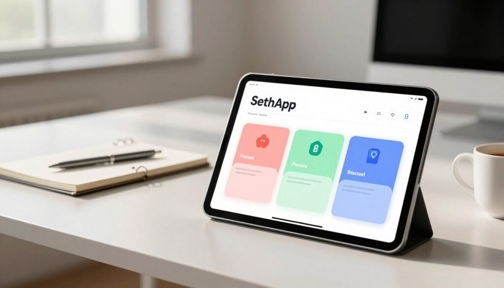A stylish and modern flat lay design showcasing SetApp’s pricing and subscription plans. In the foreground, place a sleek tablet displaying an elegant UI of subscription options with three clearly defined plans, each using distinct icons and color schemes. In the middle, add a clean, light-colored desk featuring a notepad, pen, and a coffee cup for a productive atmosphere. The background should be softly blurred office space with natural light streaming in through a window, casting soft shadows, enhancing the ambiance. The overall mood is professional and inviting, appealing to tech-savvy users looking for productivity solutions. Use a wide-angle lens effect for depth, ensuring that the focus remains on the subscription plans without any text or captions. A stylish and modern flat lay design showcasing SetApp’s pricing and subscription plans. In the foreground, place a sleek tablet displaying an elegant UI of subscription options with three clearly defined plans, each using distinct icons and color schemes. In the middle, add a clean, light-colored desk featuring a notepad, pen, and a coffee cup for a productive atmosphere. The background should be softly blurred office space with natural light streaming in through a window, casting soft shadows, enhancing the ambiance. The overall mood is professional and inviting, appealing to tech-savvy users looking for productivity solutions. Use a wide-angle lens effect for depth, ensuring that the focus remains on the subscription plans without any text or captions.