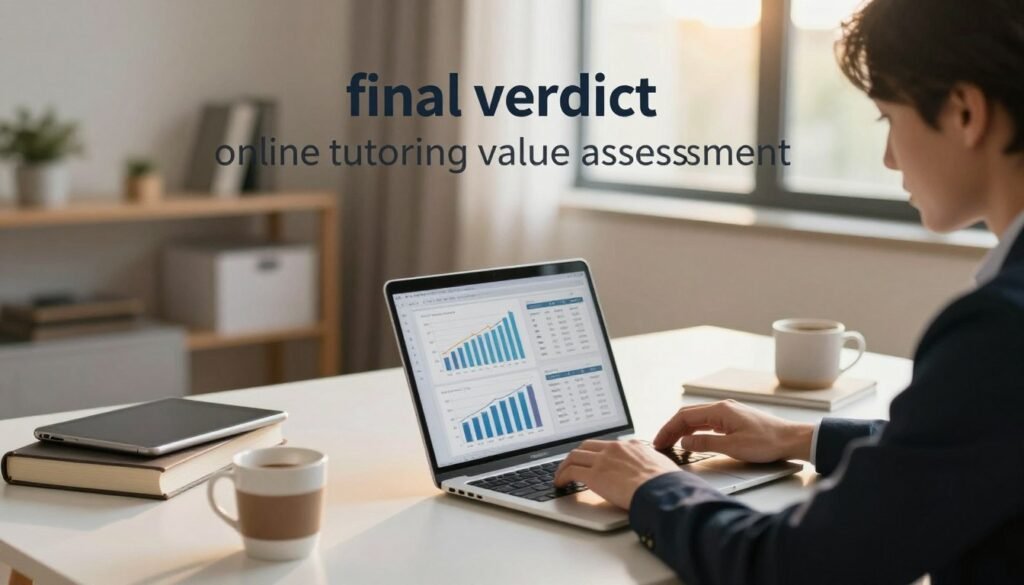 A thoughtful scene depicting a digital landscape centered around "final verdict online tutoring value assessment." In the foreground, an individual dressed in professional business attire is intently analyzing data on a laptop, with graphs and charts visible on the screen. The middle layer presents a clean, modern workspace with books, a tablet, and a coffee cup, symbolizing productivity and focus. In the background, a serene home office setting illuminated by warm, natural light filtering through a window, enhancing a motivational atmosphere. The mood is reflective and decisive, suggesting critical thinking and assessment. Capture this scene with a slight depth of field effect, emphasizing the foreground while softly blurring the background elements. A thoughtful scene depicting a digital landscape centered around "final verdict online tutoring value assessment." In the foreground, an individual dressed in professional business attire is intently analyzing data on a laptop, with graphs and charts visible on the screen. The middle layer presents a clean, modern workspace with books, a tablet, and a coffee cup, symbolizing productivity and focus. In the background, a serene home office setting illuminated by warm, natural light filtering through a window, enhancing a motivational atmosphere. The mood is reflective and decisive, suggesting critical thinking and assessment. Capture this scene with a slight depth of field effect, emphasizing the foreground while softly blurring the background elements.