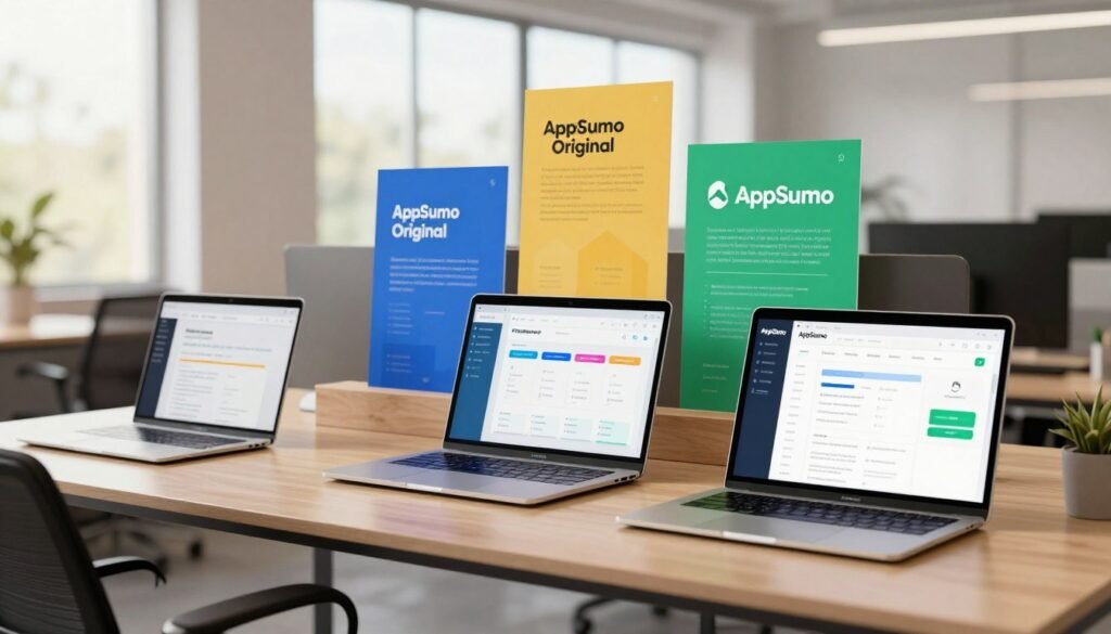 A vibrant office setting showcasing a variety of AppSumo Original tools on sleek modern desks. In the foreground, feature high-quality laptops and tablets displaying colorful dashboards of various software applications. In the middle ground, include a collection of vibrant posters or infographics that highlight the unique features of these tools, with a subtle branding aesthetic reminiscent of AppSumo. The background captures a bright, open office space with large windows letting in natural light, creating a warm and inviting atmosphere. Use soft focus on the background to draw attention to the tools in the foreground. The mood is professional yet creative, reflecting innovation and collaboration, with a color palette of blues, greens, and warm neutrals. A vibrant office setting showcasing a variety of AppSumo Original tools on sleek modern desks. In the foreground, feature high-quality laptops and tablets displaying colorful dashboards of various software applications. In the middle ground, include a collection of vibrant posters or infographics that highlight the unique features of these tools, with a subtle branding aesthetic reminiscent of AppSumo. The background captures a bright, open office space with large windows letting in natural light, creating a warm and inviting atmosphere. Use soft focus on the background to draw attention to the tools in the foreground. The mood is professional yet creative, reflecting innovation and collaboration, with a color palette of blues, greens, and warm neutrals.