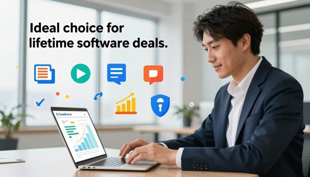 A visually appealing illustration representing the "ideal choice for lifetime software deals." In the foreground, depict a confident business professional in smart attire, engaging with a laptop showing software deal icons, surrounded by colorful charts and graphs symbolizing savings and value. In the middle, present a variety of software icons artistically arranged, showcasing different types of software available through DealMirror, like productivity, design, and security tools. The background should feature a bright, modern office setting with large windows allowing natural light to flood in, creating an uplifting and optimistic atmosphere. Use a slight depth of field effect to emphasize the foreground elements while softly blurring the background, ensuring a professional yet inviting ambiance. A visually appealing illustration representing the "ideal choice for lifetime software deals." In the foreground, depict a confident business professional in smart attire, engaging with a laptop showing software deal icons, surrounded by colorful charts and graphs symbolizing savings and value. In the middle, present a variety of software icons artistically arranged, showcasing different types of software available through DealMirror, like productivity, design, and security tools. The background should feature a bright, modern office setting with large windows allowing natural light to flood in, creating an uplifting and optimistic atmosphere. Use a slight depth of field effect to emphasize the foreground elements while softly blurring the background, ensuring a professional yet inviting ambiance.