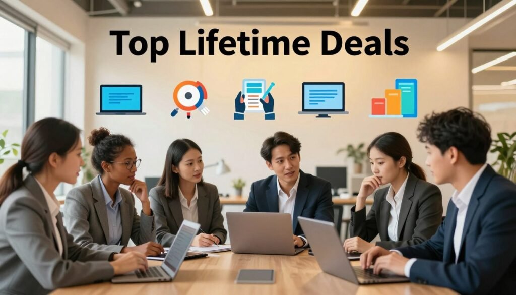 A visually engaging scene capturing the essence of "Top Lifetime Deals" from DealMirror. In the foreground, a diverse group of professionals clad in business attire, thoughtfully discussing various tech tools and software products, with gleaming laptops and tablets in hand. The middle ground features an assortment of visually striking product icons representing software packages, intertwined with vibrant infographics showcasing savings and benefits. In the background, a modern office space bathed in warm, inviting light filters through large windows, casting an optimistic glow. The atmosphere exudes a sense of collaboration and excitement about discovering amazing deals. The image should be composed at eye level, focusing on clarity and engagement, with a balanced color palette that emphasizes professionalism and innovation. A visually engaging scene capturing the essence of "Top Lifetime Deals" from DealMirror. In the foreground, a diverse group of professionals clad in business attire, thoughtfully discussing various tech tools and software products, with gleaming laptops and tablets in hand. The middle ground features an assortment of visually striking product icons representing software packages, intertwined with vibrant infographics showcasing savings and benefits. In the background, a modern office space bathed in warm, inviting light filters through large windows, casting an optimistic glow. The atmosphere exudes a sense of collaboration and excitement about discovering amazing deals. The image should be composed at eye level, focusing on clarity and engagement, with a balanced color palette that emphasizes professionalism and innovation.