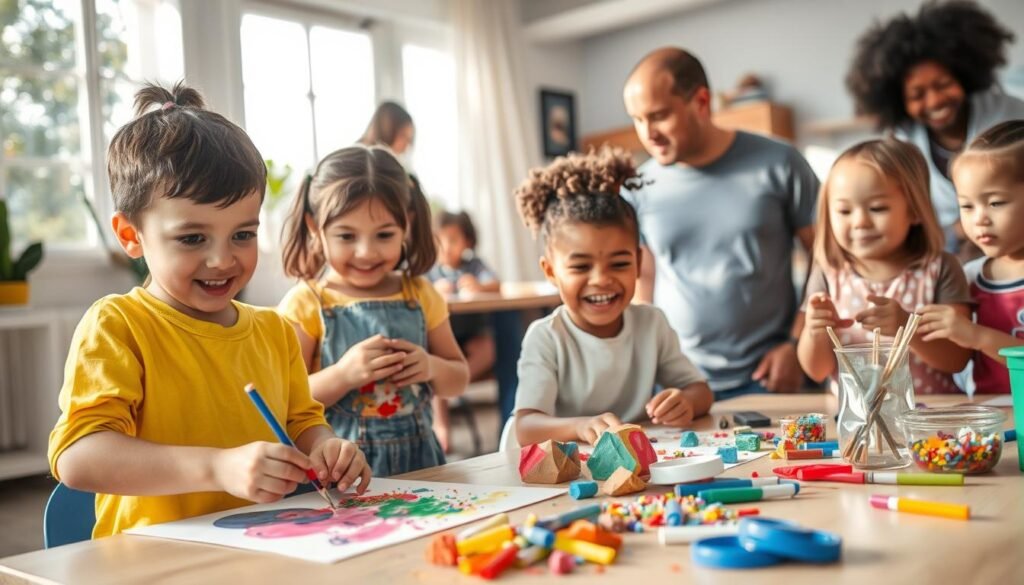 A bright and engaging indoor scene showcasing children of diverse backgrounds, engaged in various creative hands-on activities. In the foreground, a child paints with vibrant colors on a paper canvas, while another molds colorful clay into shapes. On a nearby table, scattered crafting supplies like scissors, glitter, and markers reflect the joy of artistic expression. In the middle ground, parents participate by guiding their children, fostering a supportive atmosphere. The background features a cozy room with ample natural light streaming through a window, casting soft shadows. The mood is warm and inspiring, encouraging creativity and collaboration, capturing the essence of art and craft activities designed to enhance imagination and self-expression. A bright and engaging indoor scene showcasing children of diverse backgrounds, engaged in various creative hands-on activities. In the foreground, a child paints with vibrant colors on a paper canvas, while another molds colorful clay into shapes. On a nearby table, scattered crafting supplies like scissors, glitter, and markers reflect the joy of artistic expression. In the middle ground, parents participate by guiding their children, fostering a supportive atmosphere. The background features a cozy room with ample natural light streaming through a window, casting soft shadows. The mood is warm and inspiring, encouraging creativity and collaboration, capturing the essence of art and craft activities designed to enhance imagination and self-expression.