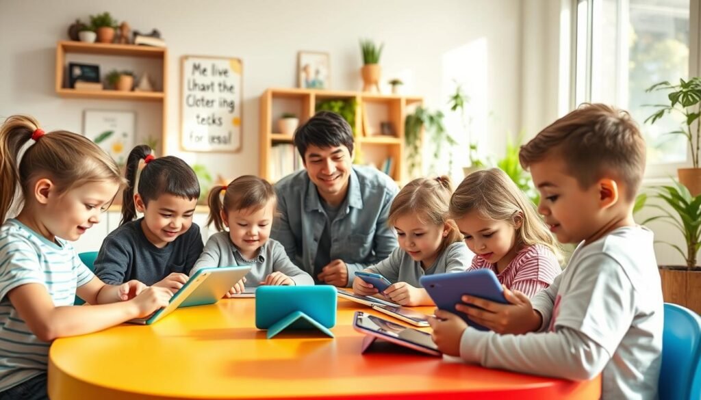 A bright and inviting scene showcasing children engaged with educational apps on tablets and smartphones. In the foreground, a diverse group of children, aged 6-10, sit at a colorful table, focused and interacting with their devices, wearing comfortable and casual clothing. In the middle-ground, a parent, dressed in casual attire, observes them with a smile, encouraging their learning. The background features a cozy, well-lit room filled with motivational posters, bookshelves, and plants, creating a warm atmosphere. Soft, natural light filters through a nearby window, casting gentle rays on the scene. The overall mood is one of enthusiasm and engagement, highlighting the joy of learning through technology in a safe and enriching environment. A bright and inviting scene showcasing children engaged with educational apps on tablets and smartphones. In the foreground, a diverse group of children, aged 6-10, sit at a colorful table, focused and interacting with their devices, wearing comfortable and casual clothing. In the middle-ground, a parent, dressed in casual attire, observes them with a smile, encouraging their learning. The background features a cozy, well-lit room filled with motivational posters, bookshelves, and plants, creating a warm atmosphere. Soft, natural light filters through a nearby window, casting gentle rays on the scene. The overall mood is one of enthusiasm and engagement, highlighting the joy of learning through technology in a safe and enriching environment.