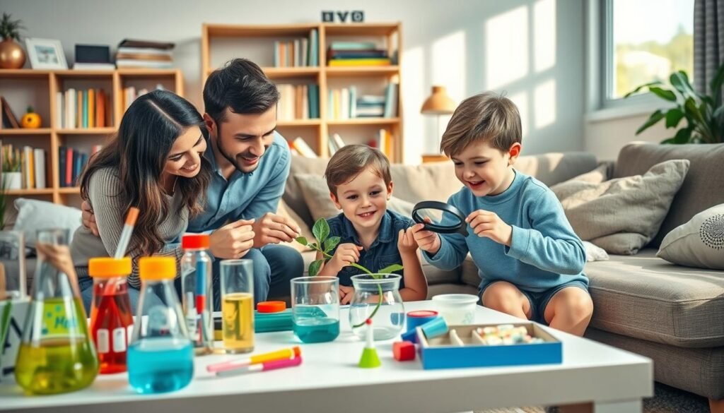 A cozy family living room scene, where parents are engaging with their children in fun, hands-on science activities. In the foreground, a mother and father are kneeling beside a table filled with colorful science experiment materials such as beakers, magnets, and magnifying glasses. The children, a boy and girl, are excitedly examining a plant under a magnifying glass, their expressions filled with curiosity. In the middle ground, shelves filled with books on science and nature, as well as art supplies, create an inviting atmosphere. Soft, warm lighting from a nearby window casts gentle shadows, enhancing the nurturing environment. The setting should evoke a sense of exploration and discovery, embodying the theme of sparking scientific curiosity in children. A cozy family living room scene, where parents are engaging with their children in fun, hands-on science activities. In the foreground, a mother and father are kneeling beside a table filled with colorful science experiment materials such as beakers, magnets, and magnifying glasses. The children, a boy and girl, are excitedly examining a plant under a magnifying glass, their expressions filled with curiosity. In the middle ground, shelves filled with books on science and nature, as well as art supplies, create an inviting atmosphere. Soft, warm lighting from a nearby window casts gentle shadows, enhancing the nurturing environment. The setting should evoke a sense of exploration and discovery, embodying the theme of sparking scientific curiosity in children.
