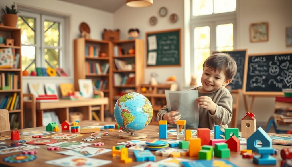 A cozy home classroom setting filled with colorful educational toys and games. In the foreground, a wooden table is covered with vibrant puzzles, interactive learning cards, and playful building blocks. A young child, dressed in comfortable yet modest clothing, is joyfully engaged with a globe, showing a sense of discovery and curiosity. In the middle ground, a bookshelf is lined with books about various subjects, and a chalkboard displays fun educational drawings. The background features large windows letting in warm, natural light, creating a bright and inviting atmosphere. The mood is cheerful and inspiring, highlighting innovative learning strategies. Use a soft focus effect for the background, simulating a photography style that emphasizes the child and the educational materials. A cozy home classroom setting filled with colorful educational toys and games. In the foreground, a wooden table is covered with vibrant puzzles, interactive learning cards, and playful building blocks. A young child, dressed in comfortable yet modest clothing, is joyfully engaged with a globe, showing a sense of discovery and curiosity. In the middle ground, a bookshelf is lined with books about various subjects, and a chalkboard displays fun educational drawings. The background features large windows letting in warm, natural light, creating a bright and inviting atmosphere. The mood is cheerful and inspiring, highlighting innovative learning strategies. Use a soft focus effect for the background, simulating a photography style that emphasizes the child and the educational materials.