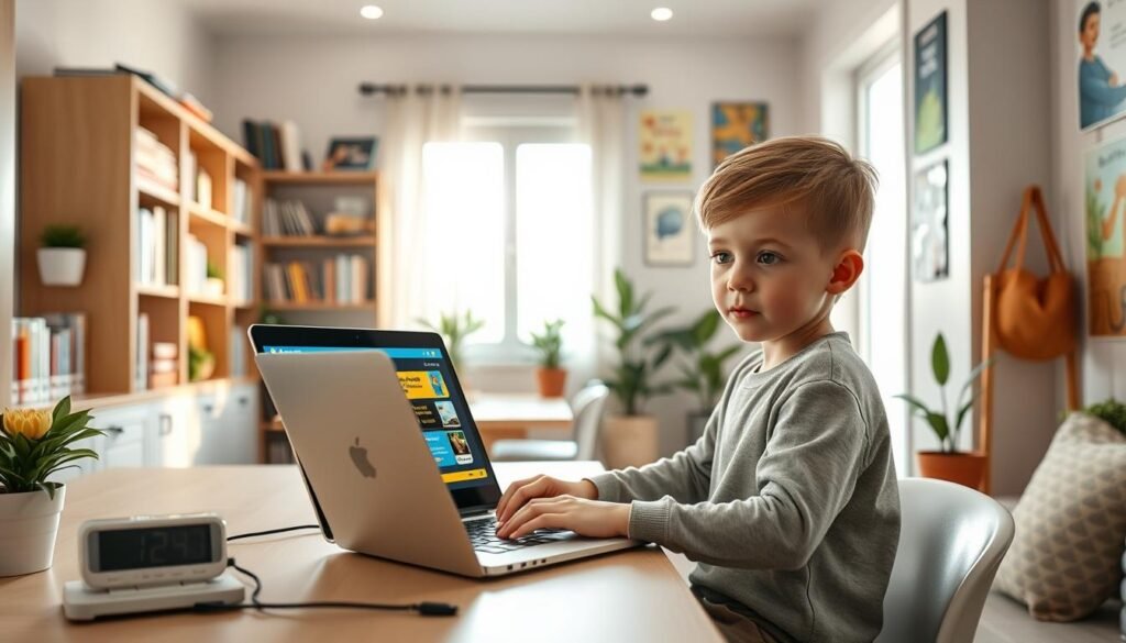 A modern, cozy home learning environment featuring a young child engaged in educational activities using technology. In the foreground, the child, dressed in comfortable yet modest clothing, is seated at a tidy desk with a laptop open, displaying colorful educational content. The middle ground showcases shelves filled with books and learning materials, complemented by a timer for focus—indicating a structured learning approach. The background reveals a well-lit room with natural sunlight streaming through a window, plants adding a fresh touch, and educational posters on the walls to create an inspiring atmosphere. The mood is warm, inviting, and focused, conveying a sense of safe and enriching learning through technology. A modern, cozy home learning environment featuring a young child engaged in educational activities using technology. In the foreground, the child, dressed in comfortable yet modest clothing, is seated at a tidy desk with a laptop open, displaying colorful educational content. The middle ground showcases shelves filled with books and learning materials, complemented by a timer for focus—indicating a structured learning approach. The background reveals a well-lit room with natural sunlight streaming through a window, plants adding a fresh touch, and educational posters on the walls to create an inspiring atmosphere. The mood is warm, inviting, and focused, conveying a sense of safe and enriching learning through technology.