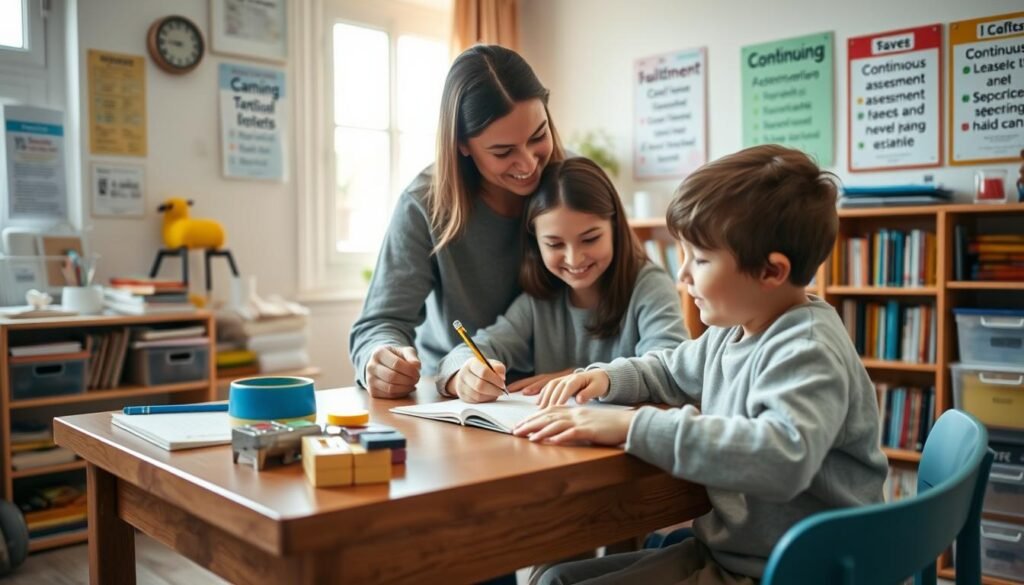 A serene home classroom setting, featuring a well-organized study area with a wooden desk, colorful educational materials, and various learning tools. In the foreground, a focused child of around eight years old, wearing comfortable, modest clothing, is engaged with a notebook, jotting down notes with a pencil. The middle ground shows a parent gently guiding the child, demonstrating a supportive learning relationship, both smiling and exchanging ideas. The background features a cozy bookshelf filled with books and educational posters on the walls about continuous assessment and development. Soft, warm lighting filters through a window, creating an inviting and encouraging atmosphere, captured from a mid-angle perspective to emphasize the interaction and environment. A serene home classroom setting, featuring a well-organized study area with a wooden desk, colorful educational materials, and various learning tools. In the foreground, a focused child of around eight years old, wearing comfortable, modest clothing, is engaged with a notebook, jotting down notes with a pencil. The middle ground shows a parent gently guiding the child, demonstrating a supportive learning relationship, both smiling and exchanging ideas. The background features a cozy bookshelf filled with books and educational posters on the walls about continuous assessment and development. Soft, warm lighting filters through a window, creating an inviting and encouraging atmosphere, captured from a mid-angle perspective to emphasize the interaction and environment.