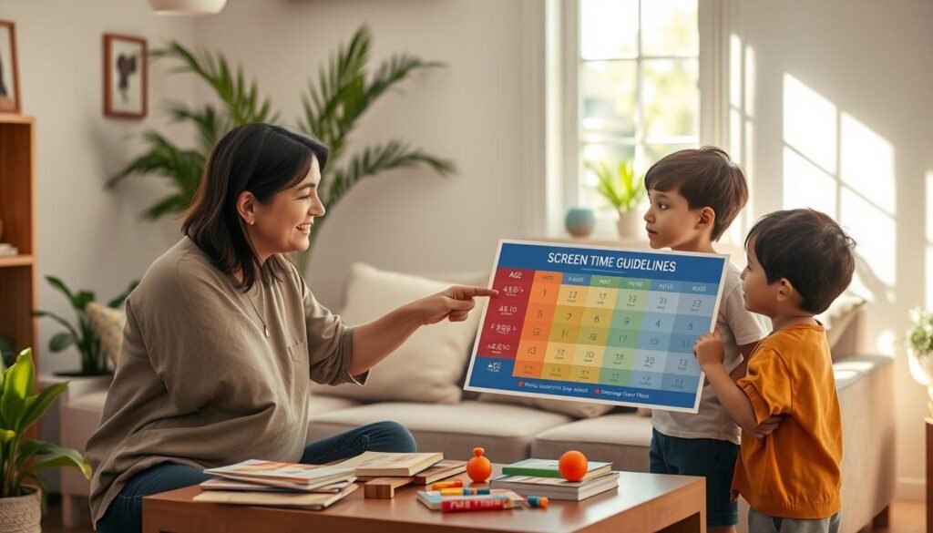 A serene living room scene depicting an adult and a child engaged in a discussion about screen time management. In the foreground, the adult, dressed in modest casual attire, is pointing at a colorful chart illustrating screen time guidelines based on age, while the child, casually dressed, looks on attentively. In the middle, a cozy couch with cushions and a coffee table filled with age-appropriate books and toys emphasizes a family-friendly atmosphere. The background features a warm, inviting window with soft sunlight streaming through, casting gentle shadows. The room is decorated with plants and child-friendly art to create a nurturing environment. The mood is constructive and supportive, aimed at promoting healthy screen time habits. A serene living room scene depicting an adult and a child engaged in a discussion about screen time management. In the foreground, the adult, dressed in modest casual attire, is pointing at a colorful chart illustrating screen time guidelines based on age, while the child, casually dressed, looks on attentively. In the middle, a cozy couch with cushions and a coffee table filled with age-appropriate books and toys emphasizes a family-friendly atmosphere. The background features a warm, inviting window with soft sunlight streaming through, casting gentle shadows. The room is decorated with plants and child-friendly art to create a nurturing environment. The mood is constructive and supportive, aimed at promoting healthy screen time habits.