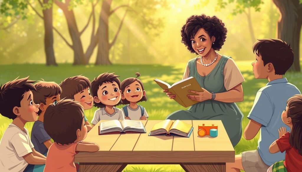 A serene, warm-toned illustration depicting a diverse group of children gathered around a storyteller in a lush, green park setting. In the foreground, the storyteller, a middle-aged woman in modest casual clothing, animatedly shares an inspiring tale, her expressions engaging and warm. The children, a mix of boys and girls of various ethnicities, sit in awe, their faces lit up with curiosity and joy. In the middle ground, a soft wooden picnic table holds books and toys that symbolize moral values. The background features gentle sunlight filtering through trees, creating a dappled effect on the ground, enhancing the atmosphere of inspiration and learning. The mood is uplifting and encouraging, fostering a sense of community and shared values. A serene, warm-toned illustration depicting a diverse group of children gathered around a storyteller in a lush, green park setting. In the foreground, the storyteller, a middle-aged woman in modest casual clothing, animatedly shares an inspiring tale, her expressions engaging and warm. The children, a mix of boys and girls of various ethnicities, sit in awe, their faces lit up with curiosity and joy. In the middle ground, a soft wooden picnic table holds books and toys that symbolize moral values. The background features gentle sunlight filtering through trees, creating a dappled effect on the ground, enhancing the atmosphere of inspiration and learning. The mood is uplifting and encouraging, fostering a sense of community and shared values.