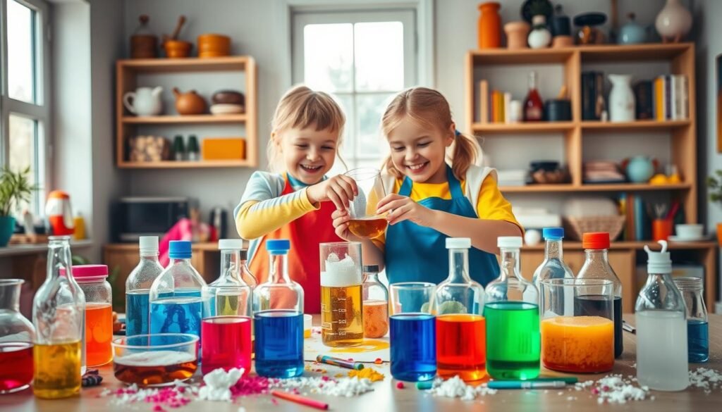 A vibrant, engaging science experiment scene illustrating the concept of material reactions in a home setting. In the foreground, a table cluttered with various containers holding colorful liquids and powders, showcasing a mix of substances like baking soda, vinegar, and food coloring. In the middle, a pair of enthusiastic children, wearing colorful aprons, are pouring ingredients into a beaker, their faces lit with curiosity and excitement. Natural light streams in from a window, casting a warm glow on the scene. In the background, shelves lined with science books and home utensils create a cozy, educational atmosphere. The overall mood is joyful and investigative, inviting viewers into the exciting world of home science activities. A vibrant, engaging science experiment scene illustrating the concept of material reactions in a home setting. In the foreground, a table cluttered with various containers holding colorful liquids and powders, showcasing a mix of substances like baking soda, vinegar, and food coloring. In the middle, a pair of enthusiastic children, wearing colorful aprons, are pouring ingredients into a beaker, their faces lit with curiosity and excitement. Natural light streams in from a window, casting a warm glow on the scene. In the background, shelves lined with science books and home utensils create a cozy, educational atmosphere. The overall mood is joyful and investigative, inviting viewers into the exciting world of home science activities.