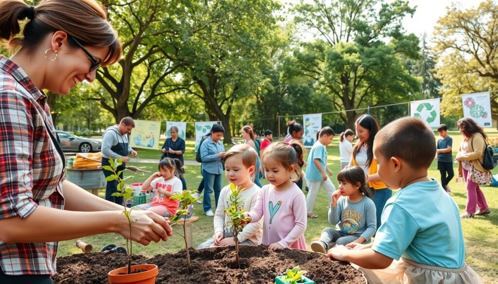 A vibrant outdoor scene depicting a diverse group of adults and children actively engaging in environmental education. In the foreground, a caring instructor in professional attire shows young children how to plant saplings, emphasizing hands-on learning. The middle ground features participants involved in various eco-friendly activities, such as recycling crafts and water conservation projects, with tools and materials scattered attractively. The background showcases a lush green park with trees, educational banners, and nature-inspired artwork, under a warm, sunny sky. Soft natural light filters through the trees, creating a cheerful and inspiring atmosphere. The overall mood is one of collaboration, learning, and environmental stewardship, illustrating practical methods for cultivating a responsible generation. A vibrant outdoor scene depicting a diverse group of adults and children actively engaging in environmental education. In the foreground, a caring instructor in professional attire shows young children how to plant saplings, emphasizing hands-on learning. The middle ground features participants involved in various eco-friendly activities, such as recycling crafts and water conservation projects, with tools and materials scattered attractively. The background showcases a lush green park with trees, educational banners, and nature-inspired artwork, under a warm, sunny sky. Soft natural light filters through the trees, creating a cheerful and inspiring atmosphere. The overall mood is one of collaboration, learning, and environmental stewardship, illustrating practical methods for cultivating a responsible generation.