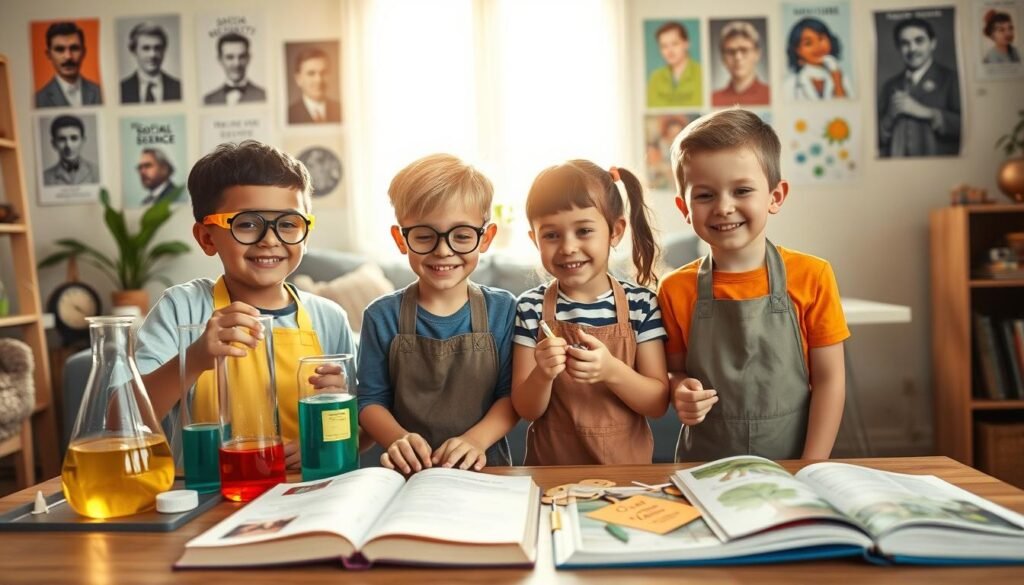 A vibrant scene depicting children engaged in scientific and social hobbies at home. In the foreground, a diverse group of children—two boys and a girl—are conducting a fun science experiment with colorful liquids in beakers, wearing protective goggles and aprons. In the middle ground, a table is filled with books on social science and nature, alongside craft materials demonstrating teamwork. The background showcases a cozy living room with a warm, natural light streaming through a window, illuminating a wall with posters of famous scientists and social leaders. The atmosphere is joyful and curious, inviting a sense of exploration and community among young learners. The composition is well-balanced, captured from a slightly elevated angle to emphasize the children's expressions and their engagement with both hobbies. A vibrant scene depicting children engaged in scientific and social hobbies at home. In the foreground, a diverse group of children—two boys and a girl—are conducting a fun science experiment with colorful liquids in beakers, wearing protective goggles and aprons. In the middle ground, a table is filled with books on social science and nature, alongside craft materials demonstrating teamwork. The background showcases a cozy living room with a warm, natural light streaming through a window, illuminating a wall with posters of famous scientists and social leaders. The atmosphere is joyful and curious, inviting a sense of exploration and community among young learners. The composition is well-balanced, captured from a slightly elevated angle to emphasize the children's expressions and their engagement with both hobbies.