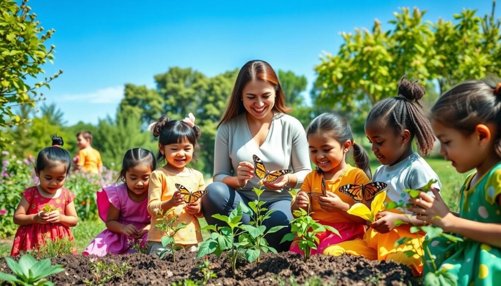 A vibrant scene illustrating the importance of environmental education in childhood. In the foreground, a diverse group of children, aged 5 to 10, joyfully engaging with nature—planting seedlings and observing butterflies, dressed in colorful, modest clothing. In the middle ground, a nurturing adult figure, wearing casual professional attire, guides them with a warm smile, showing them how to care for the environment. The background features a lush green park with blooming flowers, tall trees, and a bright blue sky, capturing a sunny day. The lighting is warm and inviting, emphasizing a sense of hope and positivity. The overall atmosphere conveys joy, curiosity, and a sense of responsibility towards nature. A vibrant scene illustrating the importance of environmental education in childhood. In the foreground, a diverse group of children, aged 5 to 10, joyfully engaging with nature—planting seedlings and observing butterflies, dressed in colorful, modest clothing. In the middle ground, a nurturing adult figure, wearing casual professional attire, guides them with a warm smile, showing them how to care for the environment. The background features a lush green park with blooming flowers, tall trees, and a bright blue sky, capturing a sunny day. The lighting is warm and inviting, emphasizing a sense of hope and positivity. The overall atmosphere conveys joy, curiosity, and a sense of responsibility towards nature.