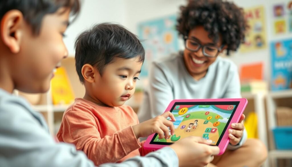 A visually engaging scene depicting the user experience and security in educational applications for children. In the foreground, a child interacts with a colorful tablet displaying a fun educational game, showcasing a user-friendly interface. The child, wearing casual, modest clothing, appears focused and engaged. In the middle ground, a parent is watching from behind, providing a sense of safety and support. The background features a bright, inviting room with educational materials like books and posters on the walls, emphasizing a nurturing learning environment. Soft, warm lighting creates a friendly atmosphere, enhancing the mood of trust and security. The angle is slightly elevated, giving a clear perspective on the interaction while maintaining a cozy feel. A visually engaging scene depicting the user experience and security in educational applications for children. In the foreground, a child interacts with a colorful tablet displaying a fun educational game, showcasing a user-friendly interface. The child, wearing casual, modest clothing, appears focused and engaged. In the middle ground, a parent is watching from behind, providing a sense of safety and support. The background features a bright, inviting room with educational materials like books and posters on the walls, emphasizing a nurturing learning environment. Soft, warm lighting creates a friendly atmosphere, enhancing the mood of trust and security. The angle is slightly elevated, giving a clear perspective on the interaction while maintaining a cozy feel.