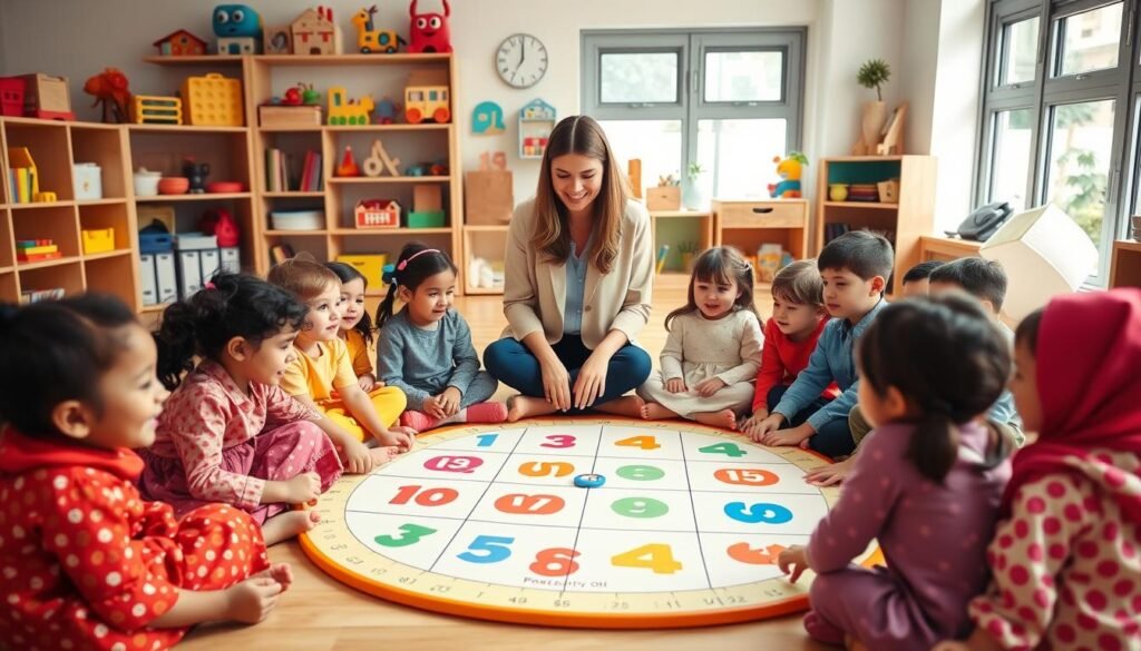 A warm and inviting classroom setting filled with joyful children actively engaging in various educational games. In the foreground, a diverse group of children aged 5-7, dressed in colorful, modest clothing, are seated around a large, interactive game mat featuring numbers and shapes. In the middle, a teacher, a woman in professional attire, guides the kids, demonstrating a game that fosters teamwork and problem-solving skills. The background showcases shelves filled with educational toys and books, emphasizing a nurturing environment. Soft natural light filters through large windows, creating a cheerful and focused atmosphere. Use a slightly angled perspective to emphasize the interaction among the children and the teacher, capturing the essence of learning through play. A warm and inviting classroom setting filled with joyful children actively engaging in various educational games. In the foreground, a diverse group of children aged 5-7, dressed in colorful, modest clothing, are seated around a large, interactive game mat featuring numbers and shapes. In the middle, a teacher, a woman in professional attire, guides the kids, demonstrating a game that fosters teamwork and problem-solving skills. The background showcases shelves filled with educational toys and books, emphasizing a nurturing environment. Soft natural light filters through large windows, creating a cheerful and focused atmosphere. Use a slightly angled perspective to emphasize the interaction among the children and the teacher, capturing the essence of learning through play.