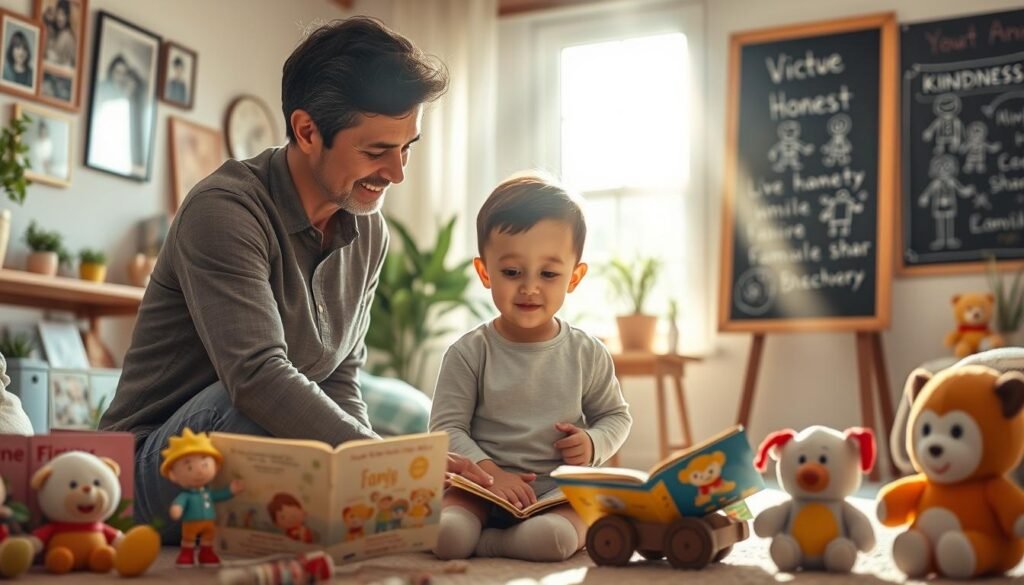 A warm, inviting scene illustrating a parent teaching their child about moral values. In the foreground, a caring parent, dressed in modest casual clothing, kneels beside a young child, who listens attentively with a look of curiosity. They are surrounded by colorful children's books and toys that symbolize various virtues like kindness, honesty, and sharing. In the middle ground, sunbeams filter through a window, illuminating a cozy room filled with family photographs and plants, creating a nurturing atmosphere. In the background, a chalkboard displays simple drawings representing positive behaviors. The overall mood is serene, promoting an environment of learning and love, captured from a slightly elevated angle to provide an intimate perspective. The lighting is soft and warm, enhancing the sense of safety and comfort in the scene. A warm, inviting scene illustrating a parent teaching their child about moral values. In the foreground, a caring parent, dressed in modest casual clothing, kneels beside a young child, who listens attentively with a look of curiosity. They are surrounded by colorful children's books and toys that symbolize various virtues like kindness, honesty, and sharing. In the middle ground, sunbeams filter through a window, illuminating a cozy room filled with family photographs and plants, creating a nurturing atmosphere. In the background, a chalkboard displays simple drawings representing positive behaviors. The overall mood is serene, promoting an environment of learning and love, captured from a slightly elevated angle to provide an intimate perspective. The lighting is soft and warm, enhancing the sense of safety and comfort in the scene.
